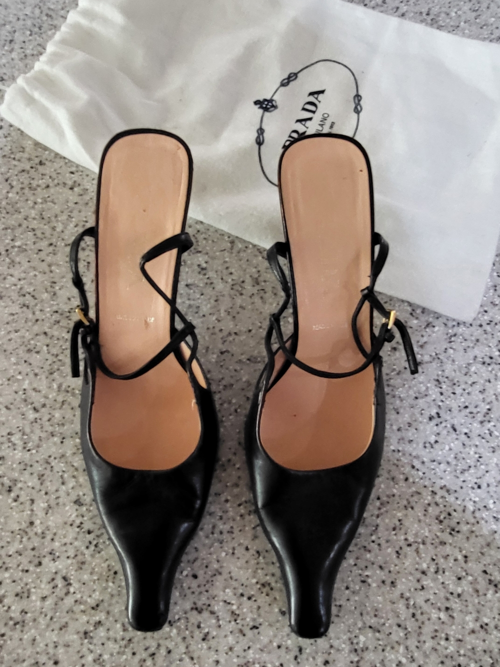 Prada Black Leather Pointed Slingback Heels - Picture 2 of 12